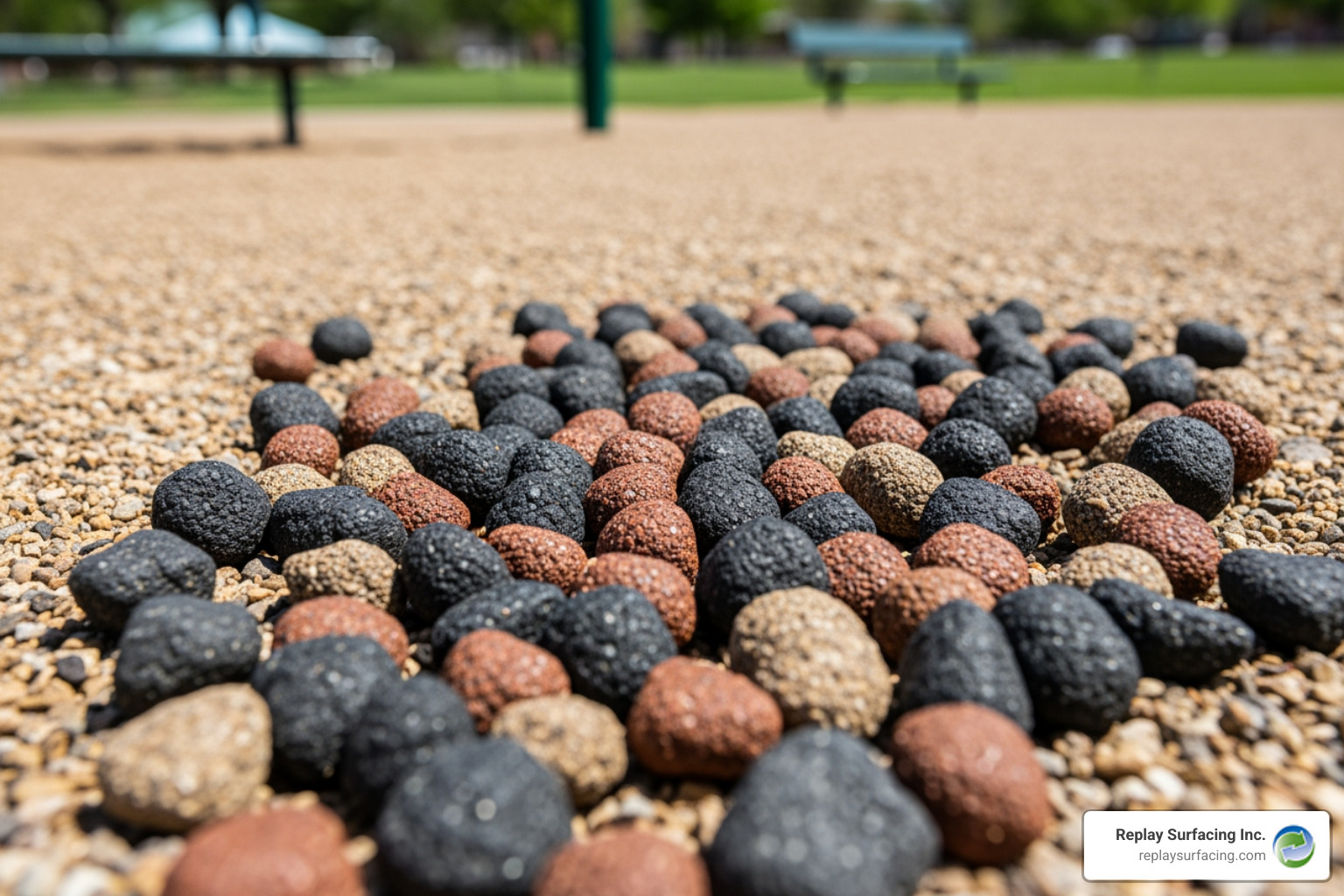 Replay Surfacing Inc.'s recycled rubber nuggets in various colors including black, brown, and redwood, showing a clean, metal-free texture - ground rubber mulch