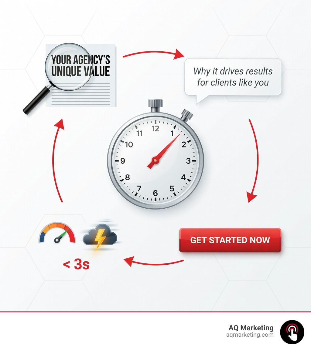 Infographic showing the 3-second rule for agency website comprehension: a headline that states your offer, a subheading explaining why it matters, a clear call-to-action button, and fast load times under 3 seconds—all working together to capture visitor attention before they bounce - website design for agencies infographic Infographic showing the 3-second rule for agency website comprehension: a headline that states your offer, a subheading explaining why it matters, a clear call-to-action button, and fast load times under 3 seconds—all working together to capture visitor attention before they bounce - website design for agencies infographic