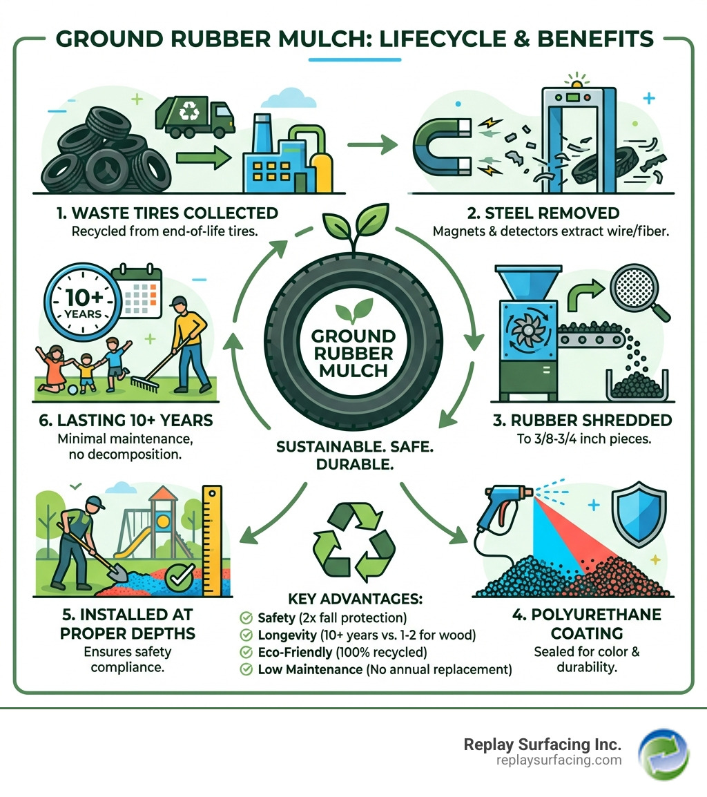 Infographic showing the complete lifecycle of ground rubber mulch: waste tires collected, steel removed through magnets and metal detectors, rubber shredded to 3/8-3/4 inch pieces, polyurethane coating applied for color and durability, installed at proper depths for safety compliance, and lasting 10+ years with minimal maintenance - ground rubber mulch infographic 