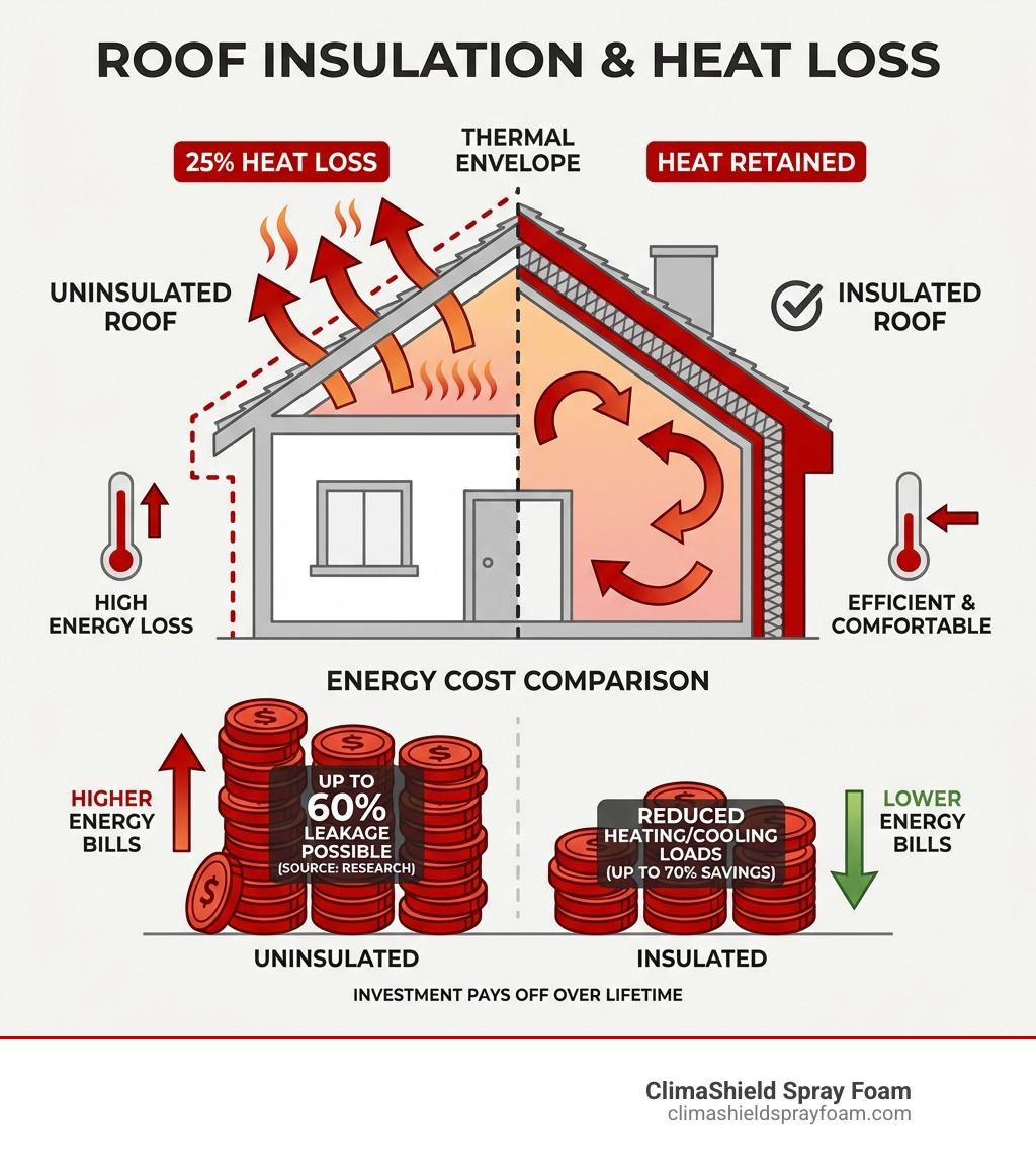 infographic showing 25 percent heat loss through uninsulated roofs with thermal envelope diagram and energy cost comparison - roof insulation infographic 