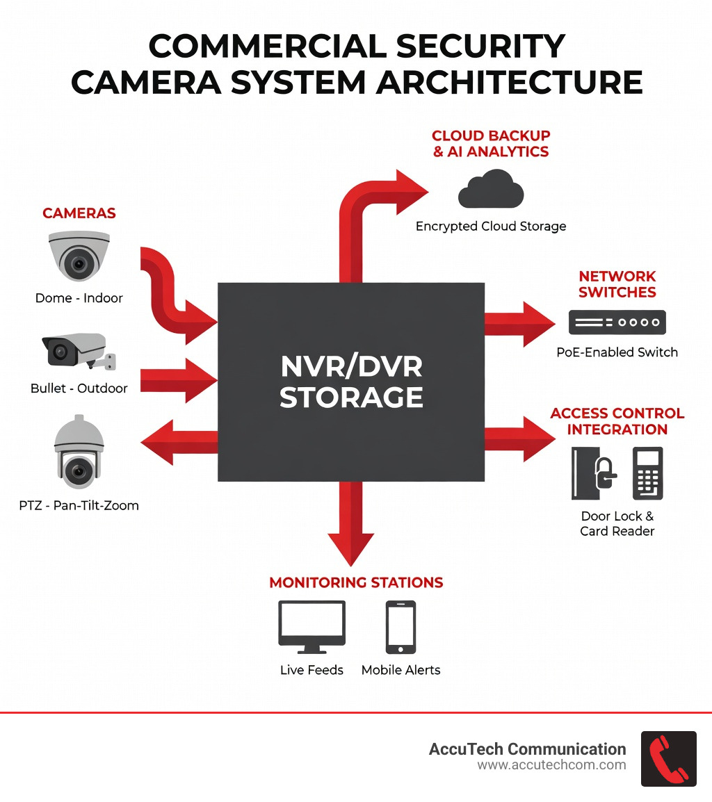 infographic showing commercial security camera system components including cameras, NVR storage, network switches, access control integration, cloud backup, and monitoring stations with arrows indicating data flow - Commercial security cameras infographic 