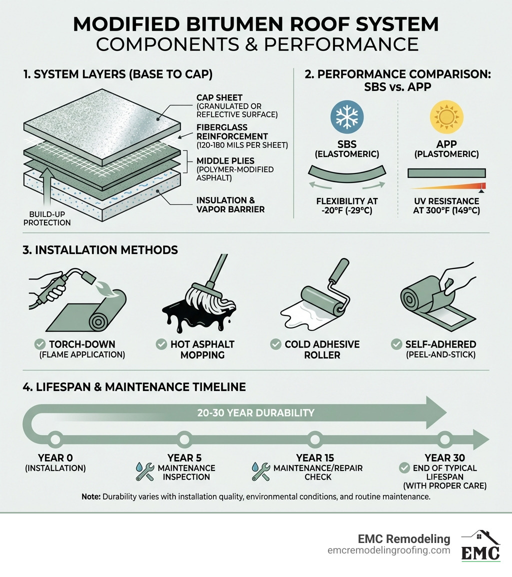 Modified Bitumen Roof System Components: Base layer shows insulation and vapor barrier, middle plies feature polymer-modified asphalt membranes with fiberglass reinforcement (120-180 mils per sheet), cap sheet displays granulated or reflective surface treatment; comparison chart showing SBS flexibility at -20 b0F versus APP UV resistance at 300 b0F; installation methods illustrated with torch-down flame application, hot asphalt mopping, cold adhesive roller, and self-adhered peel-and-stick; lifespan timeline showing 20-30 year durability with maintenance markers - modified bitumen roof infographic 