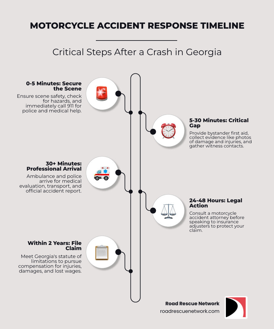 Infographic showing the timeline of motorcycle accident response: 0-5 minutes (scene safety and 911 call), 5-30 minutes (critical gap requiring bystander first aid and evidence collection), 30+ minutes (professional medical arrival and transport), followed by legal consultation within 24-48 hours and insurance claim filing within 2 years - motorcycle accident assistance infographic infographic-line-5-steps-elegant_beige