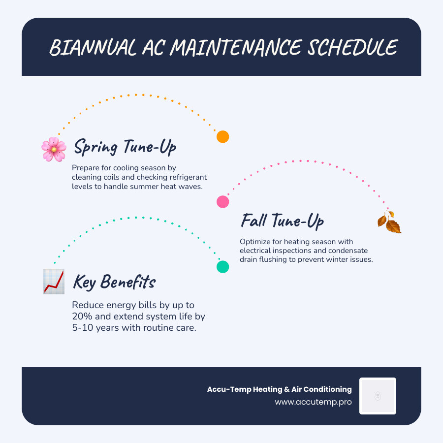 infographic showing biannual AC maintenance schedule with spring and fall tune-up checklists including filter replacement, coil cleaning, refrigerant check, electrical inspection, condensate drain flush, and thermostat calibration, with icons showing reduced energy bills and extended system life - ac maintenance in bunnell, fl infographic infographic-line-3-steps-blues-accent_colors infographic showing biannual AC maintenance schedule with spring and fall tune-up checklists including filter replacement, coil cleaning, refrigerant check, electrical inspection, condensate drain flush, and thermostat calibration, with icons showing reduced energy bills and extended system life - ac maintenance in bunnell, fl infographic infographic-line-3-steps-blues-accent_colors