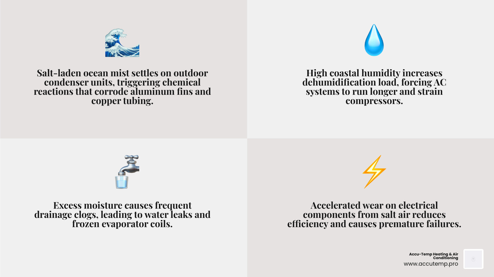 Infographic showing how coastal environment impacts AC systems including salt air corrosion on outdoor units, high humidity increasing dehumidification load, drainage system clogs from moisture, and accelerated wear on electrical components - ac repair in crescent beach, fl infographic 4_facts_emoji_grey