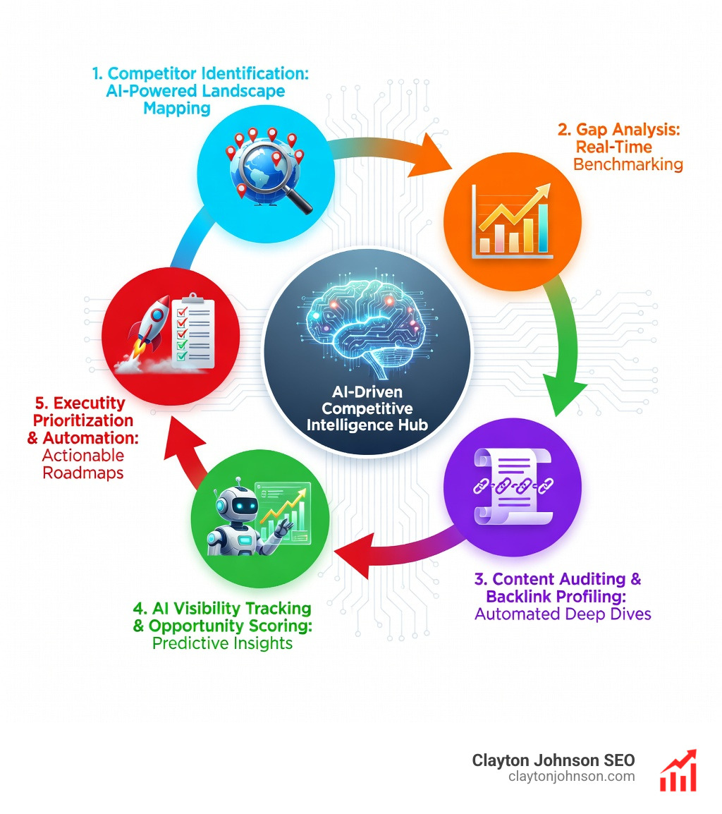 Infographic showing the evolution from manual keyword tracking to AI-driven competitive intelligence systems, including stages for competitor identification, gap analysis, content auditing, backlink profiling, AI visibility tracking, opportunity scoring, and execution prioritization - SEO AI competitive analysis infographic pillar-5-steps