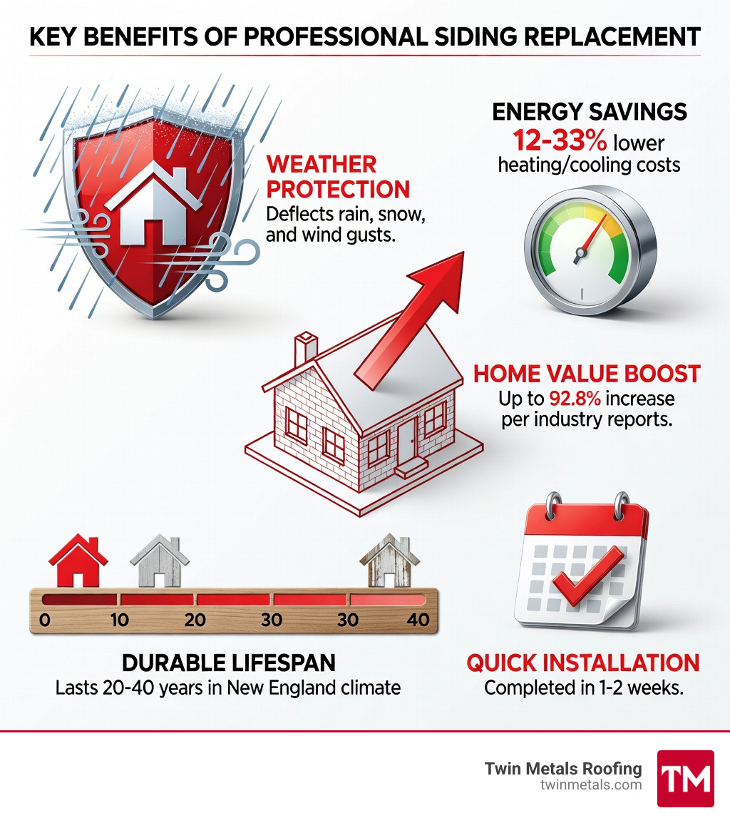 Infographic showing key benefits of professional siding replacement: weather protection shield, energy efficiency meter showing 12-33% savings, home value increase of 92.8%, lifespan timeline of 20-40 years, and installation duration of 1-2 weeks - siding contractors ma infographic Infographic showing key benefits of professional siding replacement: weather protection shield, energy efficiency meter showing 12-33% savings, home value increase of 92.8%, lifespan timeline of 20-40 years, and installation duration of 1-2 weeks - siding contractors ma infographic