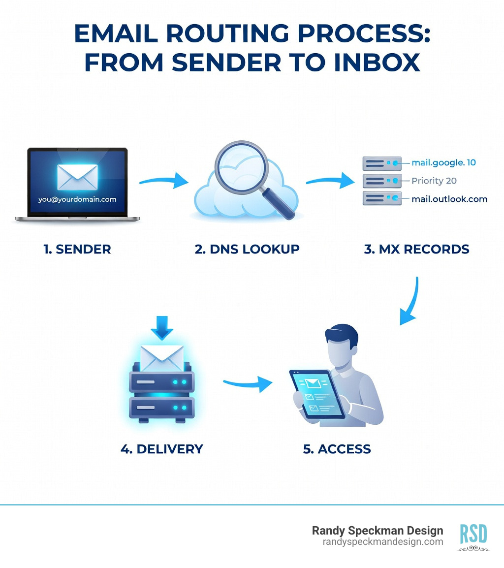 Infographic showing the email routing process: 1. Someone sends email to you@yourdomain.com, 2. Their email server checks your domain's MX records via DNS lookup, 3. MX records point to your email host's servers (showing examples like google.com, outlook.com, or custom servers), 4. Email is delivered to the mail server listed in the MX record with the lowest priority number, 5. You access your email through your provider's interface - find email host for domain infographic 