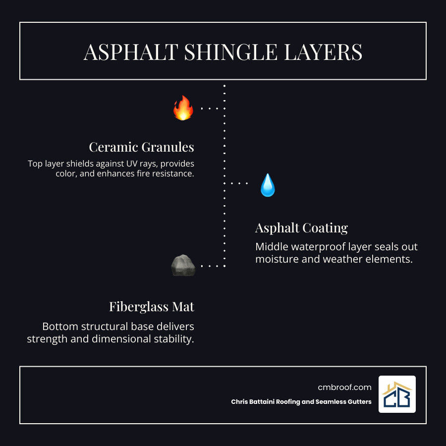 Infographic showing the layered construction of an asphalt shingle: top layer of ceramic granules for UV protection and color, middle layer of asphalt coating for waterproofing, and bottom fiberglass mat base for structural strength, with labels for each component and their purpose - asphalt shingles roofing infographic infographic-line-3-steps-dark