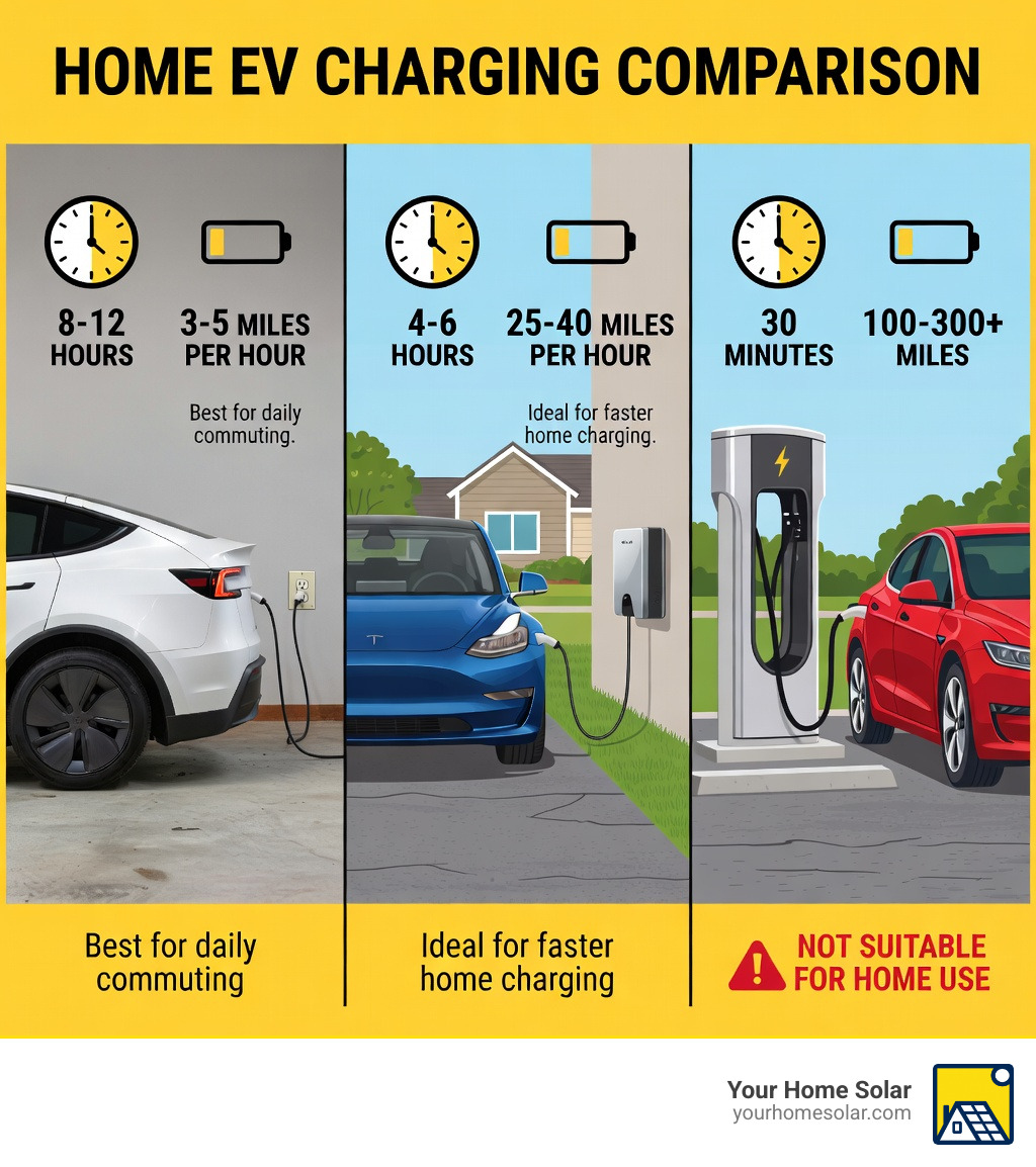 infographic comparing Level 1 charging at 120V providing 3-5 miles per hour over 8-12 hours, Level 2 charging at 240V providing 25-40 miles per hour over 4-6 hours, and DC Fast Charging at 480V providing 100-300 plus miles per 30 minutes but not suitable for home use - electric vehicle charging home infographic infographic comparing Level 1 charging at 120V providing 3-5 miles per hour over 8-12 hours, Level 2 charging at 240V providing 25-40 miles per hour over 4-6 hours, and DC Fast Charging at 480V providing 100-300 plus miles per 30 minutes but not suitable for home use - electric vehicle charging home infographic