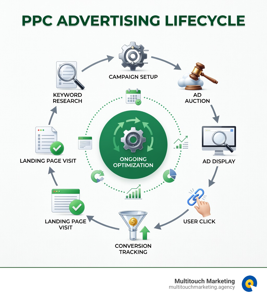 Infographic showing the complete PPC advertising lifecycle from keyword research and campaign setup through ad auction, ad display, user click, landing page visit, conversion tracking, and ongoing optimization with feedback loops for budget adjustment and performance improvement - what is ppc advertising infographic Infographic showing the complete PPC advertising lifecycle from keyword research and campaign setup through ad auction, ad display, user click, landing page visit, conversion tracking, and ongoing optimization with feedback loops for budget adjustment and performance improvement - what is ppc advertising infographic