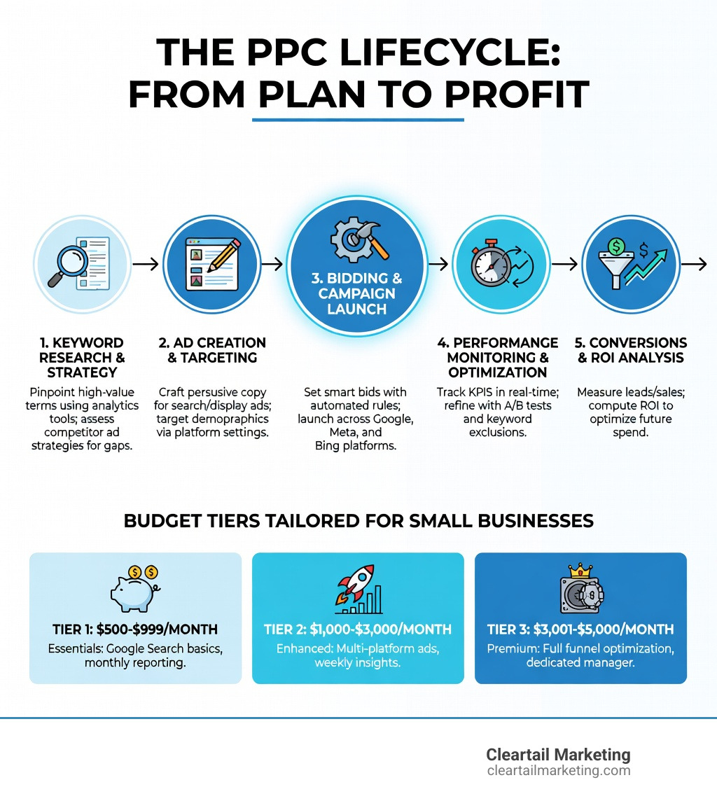 Infographic showing the PPC lifecycle from keyword research and ad creation through bidding and optimization to conversions and ROI measurement, with budget tiers for small businesses ranging from under $1000 to $5000 monthly ad spend - Affordable PPC services infographic 