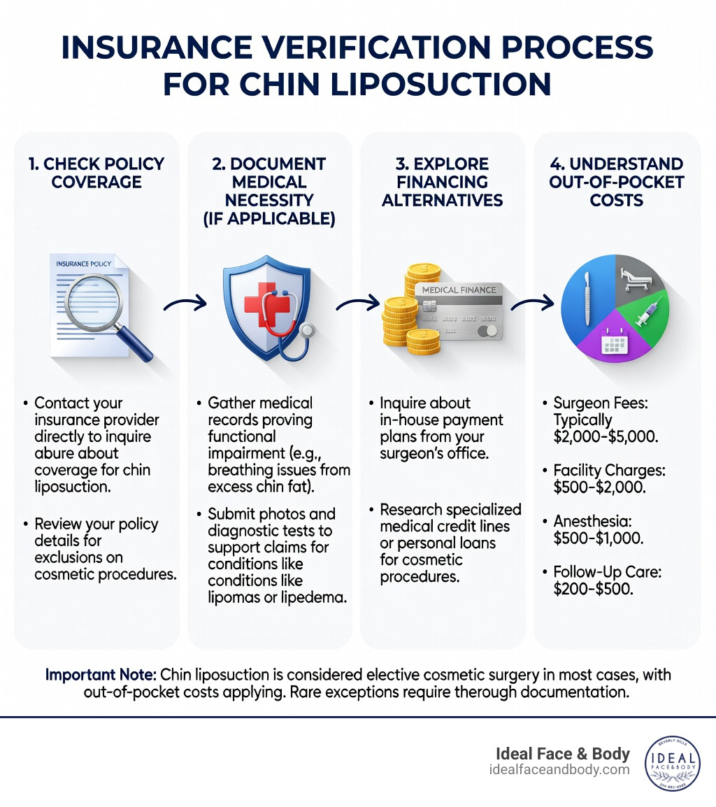 infographic showing the insurance verification process for chin liposuction including steps to check policy coverage, document medical necessity if applicable, explore financing alternatives, and understand out-of-pocket costs for surgeon fees facility charges anesthesia and follow-up care - does insurance cover chin liposuction infographic infographic showing the insurance verification process for chin liposuction including steps to check policy coverage, document medical necessity if applicable, explore financing alternatives, and understand out-of-pocket costs for surgeon fees facility charges anesthesia and follow-up care - does insurance cover chin liposuction infographic