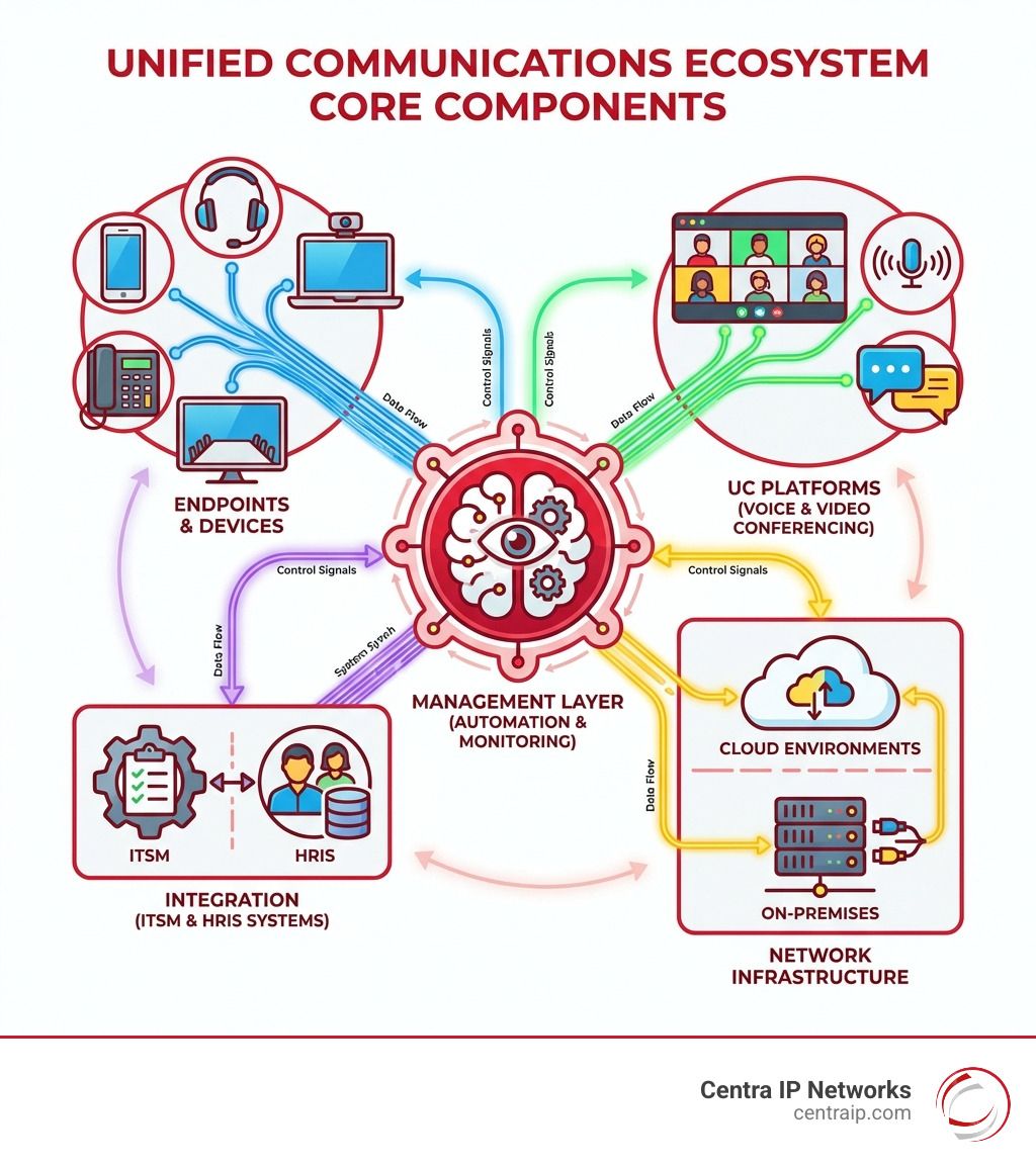 Infographic showing the core components of a unified communications ecosystem including endpoints and devices, UC platforms like voice and video conferencing, management layer with automation and monitoring, integration with ITSM and HRIS systems, and network infrastructure spanning on-premises and cloud environments - Unified communications management infographic Infographic showing the core components of a unified communications ecosystem including endpoints and devices, UC platforms like voice and video conferencing, management layer with automation and monitoring, integration with ITSM and HRIS systems, and network infrastructure spanning on-premises and cloud environments - Unified communications management infographic