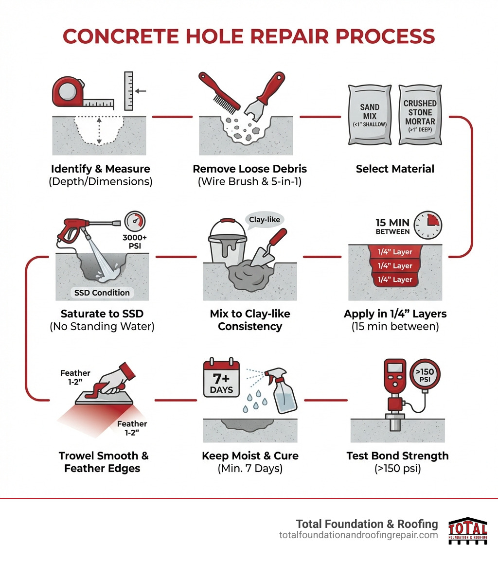 Infographic showing concrete hole repair process: 1. Identify hole depth and measure dimensions, 2. Remove loose debris with wire brush and 5-in-1 tool, 3. Select material - sand mix for shallow holes under 1 inch or crushed stone mortar for deep holes over 1 inch, 4. Clean hole with pressure washer at 3000+ psi, 5. Saturate to SSD condition without standing water, 6. Mix repair material to clay-like consistency, 7. Apply in 1/4-inch layers for deep holes allowing 15 minutes between, 8. Trowel smooth and feather edges 1-2 inches beyond hole, 9. Keep moist and cure for minimum 7 days, 10. Test bond strength should exceed 150 psi - best way to fill concrete holes infographic 