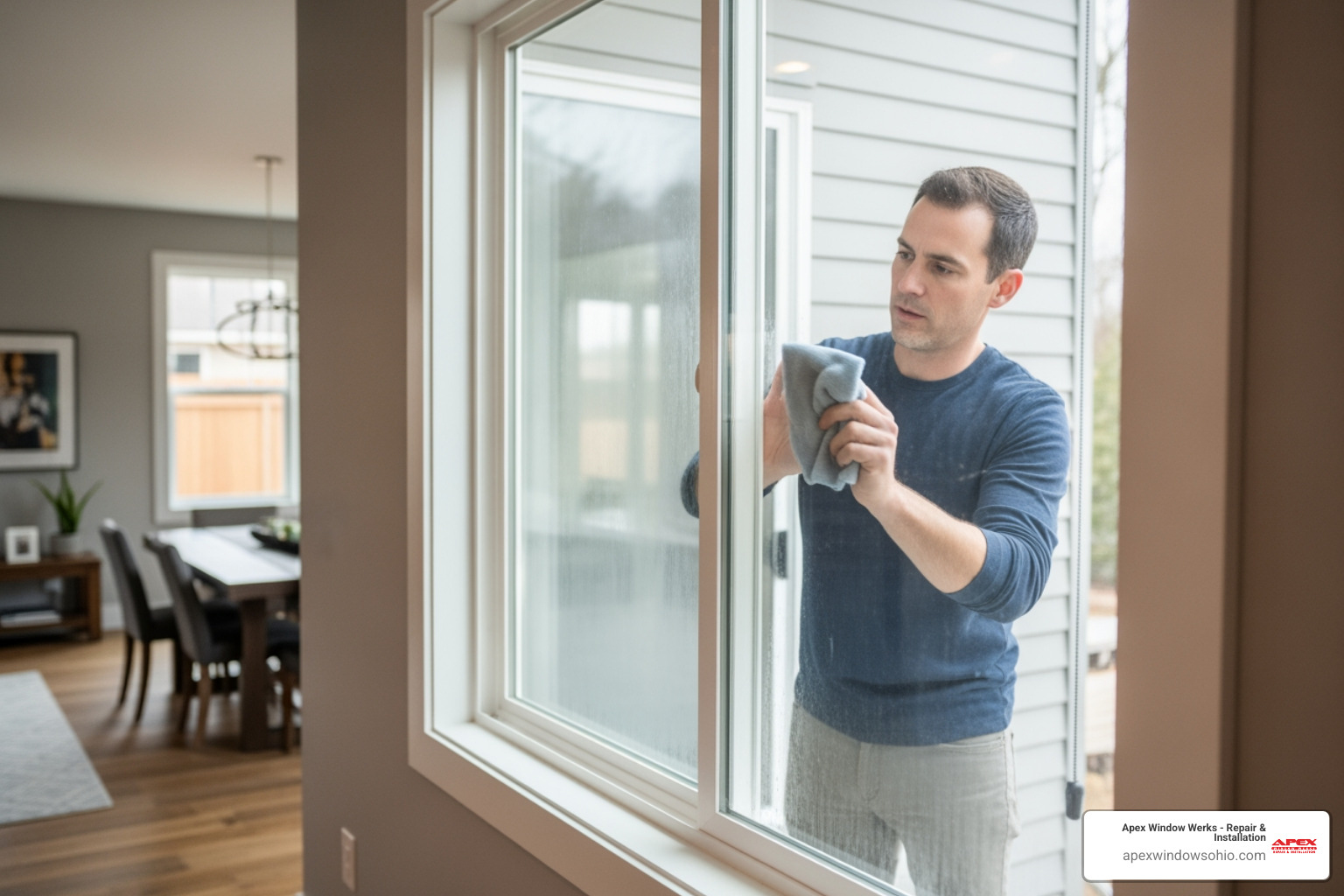 homeowner performing a wipe test on a foggy window - moisture between window panes homeowner performing a wipe test on a foggy window - moisture between window panes