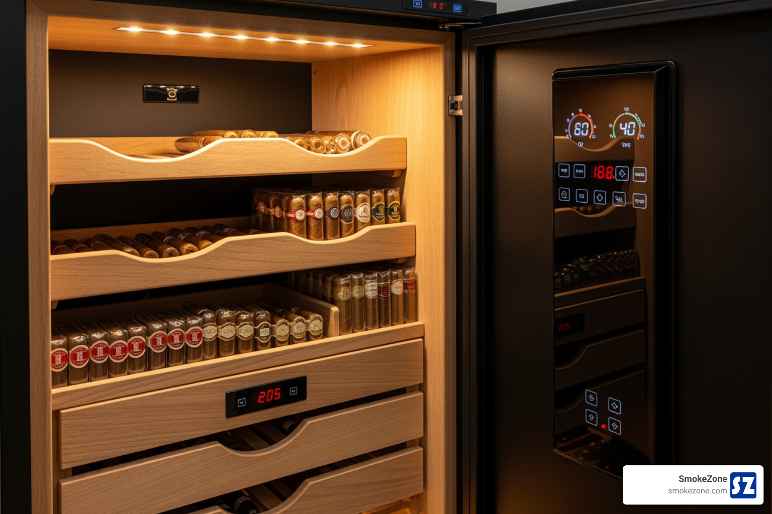 Interior view of an electric cigar humidor cabinet featuring Spanish cedar shelving and drawers, built-in LED lighting, and a digital control panel for temperature and humidity - electric cigar humidor cabinet