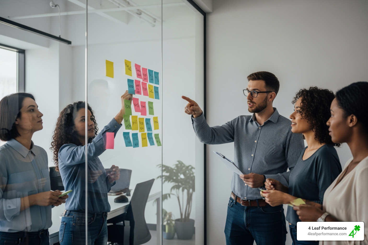 Facilitator leading a team through a purpose discovery session. The team is using sticky notes on a glass wall to cluster ideas and find common themes, while the facilitator asks probing questions to ensure everyone's voice is heard and groupthink is avoided. - team purpose workshop