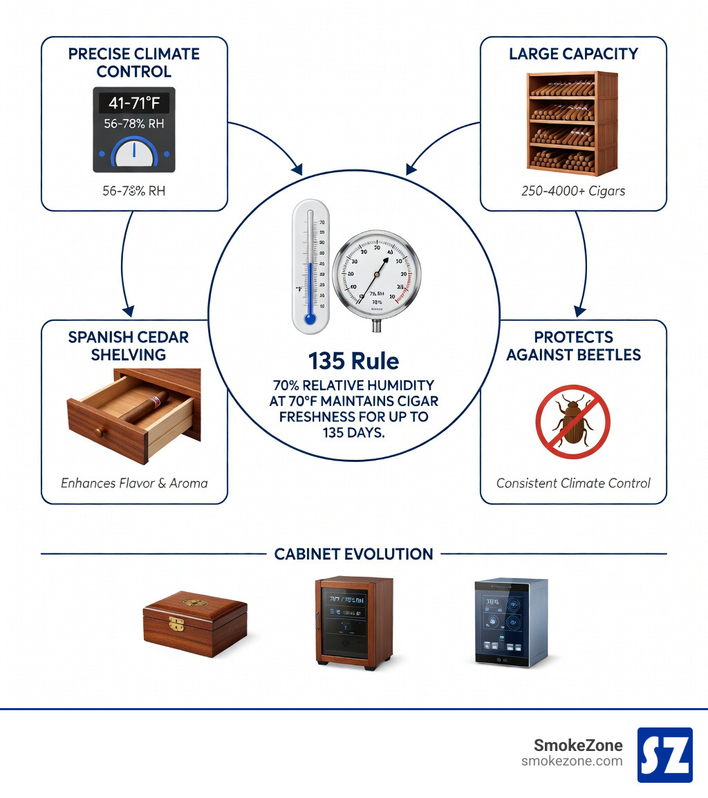 Infographic showing the 135 Rule for cigar storage: 70% relative humidity at 70°F maintains cigar freshness for up to 135 days, with visual breakdown of electric humidor cabinet benefits including precise temperature control (41-71°F range), automated humidity regulation (56-78% RH), large storage capacity (250-4000+ cigars), Spanish cedar shelving for flavor enhancement, and protection against tobacco beetles through consistent climate control - electric cigar humidor cabinet infographic 