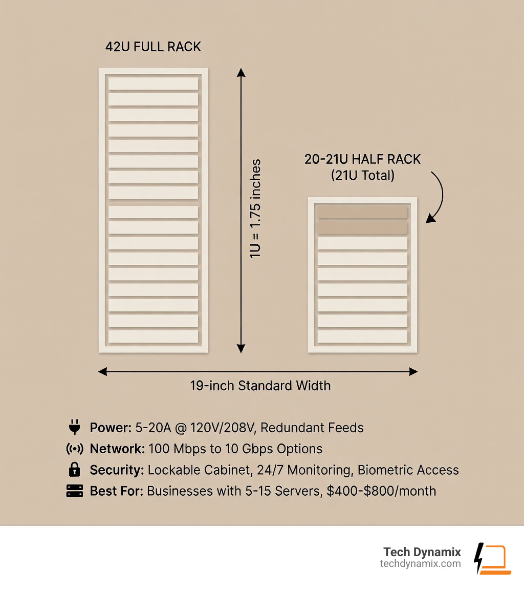 infographic showing rack unit dimensions from 1U to 42U with half rack highlighted at 20-21U, including standard measurements of 1.75 inches per U, 19-inch width, and typical 36-inch depth with power and network specifications - Half rack colocation infographic infographic showing rack unit dimensions from 1U to 42U with half rack highlighted at 20-21U, including standard measurements of 1.75 inches per U, 19-inch width, and typical 36-inch depth with power and network specifications - Half rack colocation infographic