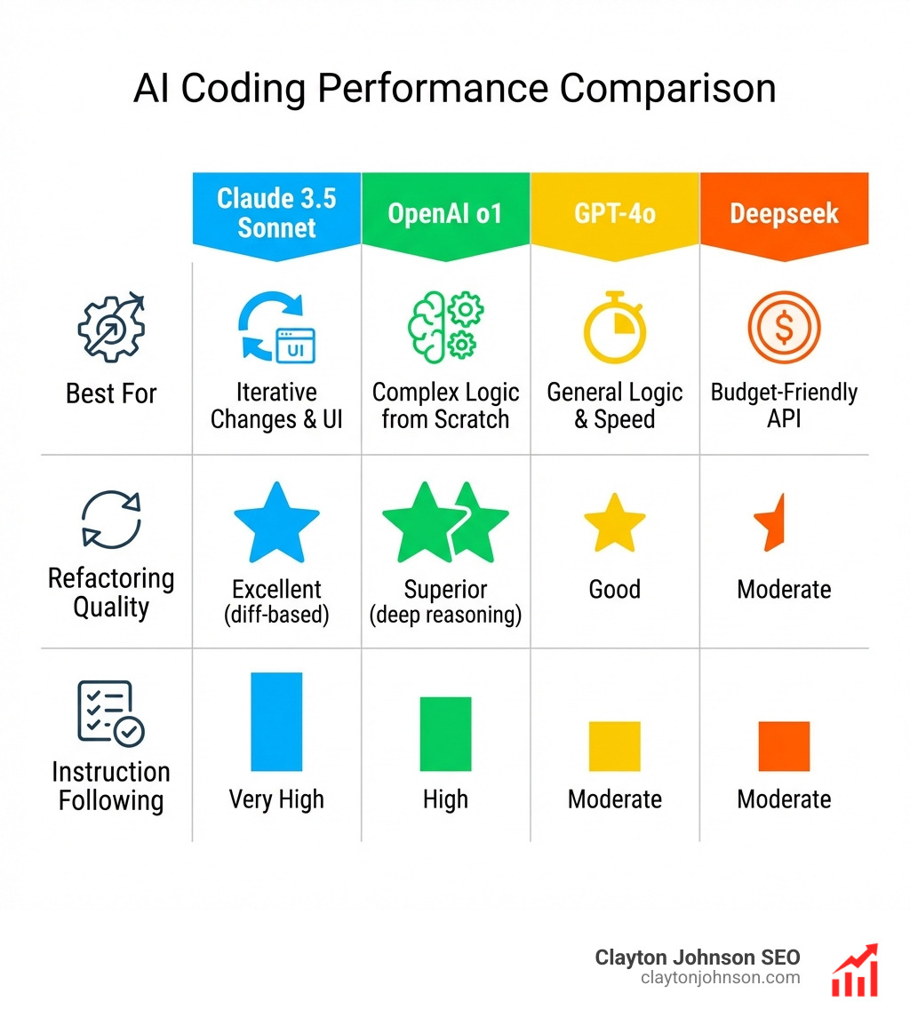 Comparison table of AI models for coding performance - Claude AI programming assistant infographic Comparison table of AI models for coding performance - Claude AI programming assistant infographic
