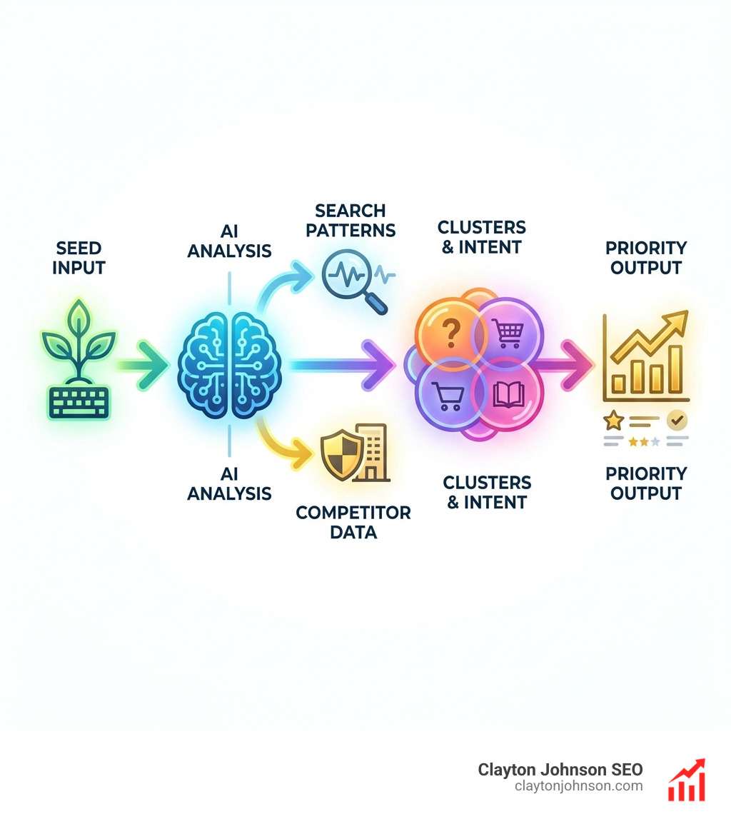 Infographic showing the AI keyword research workflow: input seed terms, AI analyzes search patterns and competitor data, generates keyword clusters with intent classification, outputs prioritized opportunities with metrics - SEO AI keyword finder infographic flowmap_simple Infographic showing the AI keyword research workflow: input seed terms, AI analyzes search patterns and competitor data, generates keyword clusters with intent classification, outputs prioritized opportunities with metrics - SEO AI keyword finder infographic flowmap_simple