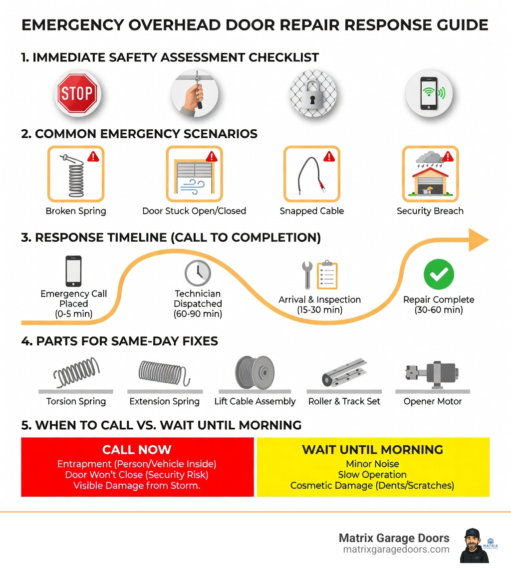 Emergency Overhead Door Repair Response Guide showing: 1. Immediate safety assessment checklist 2. Common emergency scenarios with visual indicators 3. Response timeline from call to repair completion 4. Parts typically needed for same-day fixes 5. When to call vs. when to wait until morning - emergency overhead door repair infographic 