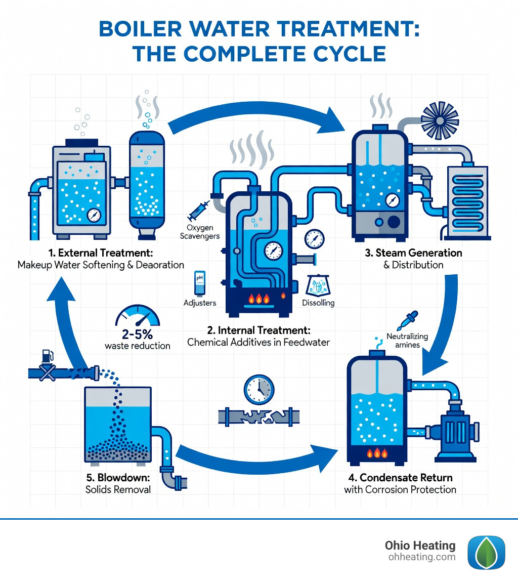 Boiler water treatment infographic showing the complete treatment cycle: makeup water enters through water softeners and deaerators for external treatment, feedwater receives chemical additives including oxygen scavengers and pH adjusters for internal treatment, steam is generated and distributed, condensate returns with neutralizing amines for corrosion protection, and blowdown removes concentrated solids to maintain proper TDS levels - Boiler water treatment infographic 