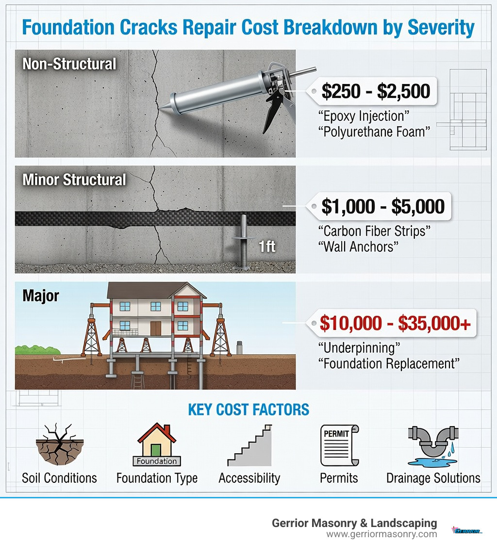 infographic showing foundation cracks repair cost breakdown by severity, including non-structural repairs ($250-$2,500) with epoxy and polyurethane methods, minor structural repairs ($1,000-$5,000) using carbon fiber and wall anchors, and major structural repairs ($10,000-$35,000+) requiring underpinning and replacement, plus key cost factors like soil conditions, foundation type, accessibility, permits, and drainage solutions - foundation cracks repair cost infographic 