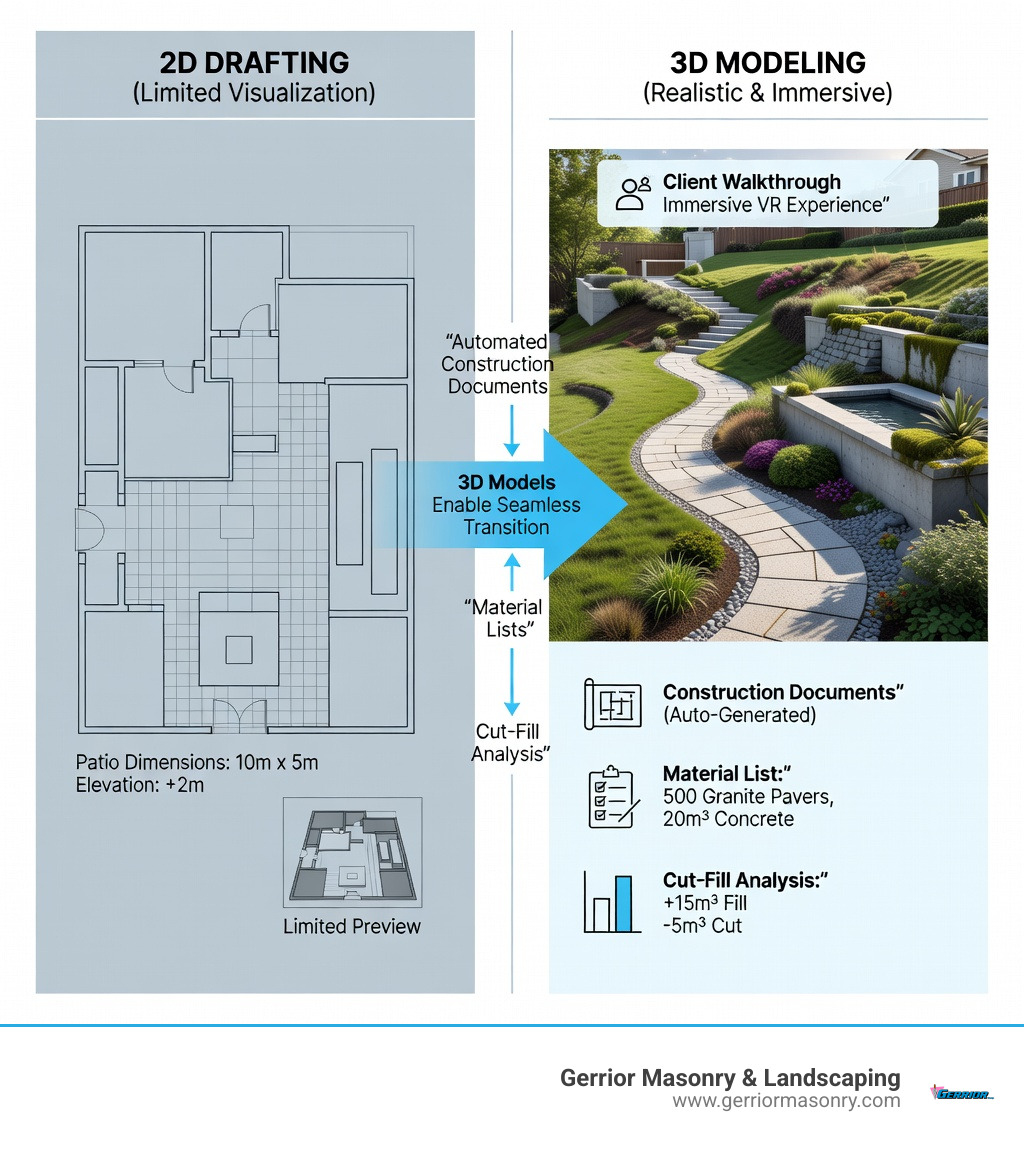 Infographic comparing 2D drafting versus 3D modeling workflows, showing flat CAD plans on left with limited visualization versus 3D rendered models on right with realistic terrain, materials, lighting, and client walkthrough capabilities, plus arrows indicating how 3D models generate construction documents, material lists, and cut-fill analysis automatically - 3d hardscape design software infographic 