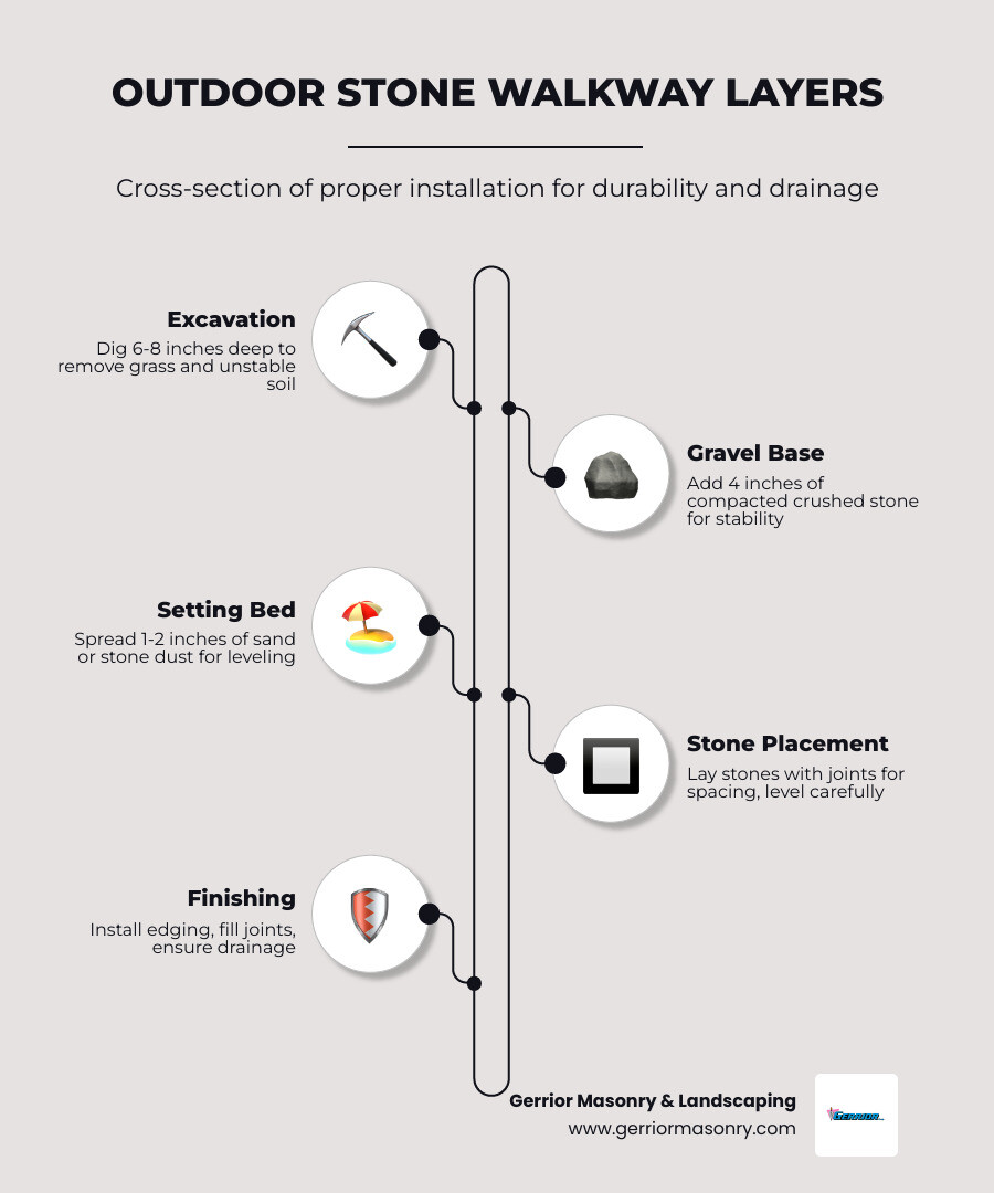 Infographic showing outdoor stone walkway cross-section layers including excavation depth of 6-8 inches, 4 inches compacted gravel base, 1-2 inches sand or stone dust setting bed, stone placement with proper spacing and leveling, and finishing with edging and joint filler for drainage and weed prevention - Outdoor stone walkway infographic infographic-line-5-steps-elegant_beige