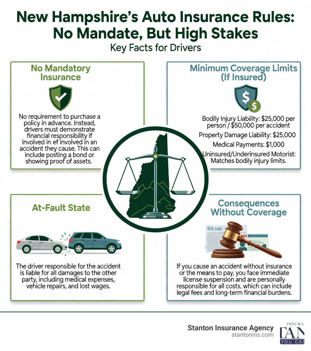 Infographic showing New Hampshire's unique auto insurance system: No mandatory insurance requirement, but financial responsibility is required if at fault in an accident. Minimum coverage limits if insured include $25,000 per person and $50,000 per accident for bodily injury liability, $25,000 for property damage, $1,000 for medical payments, and uninsured motorist coverage matching bodily injury limits. New Hampshire is an at-fault state where the responsible driver pays for damages. Without insurance or ability to pay, drivers face license suspension and personal liability for all costs. - NH auto insurance infographic Infographic showing New Hampshire's unique auto insurance system: No mandatory insurance requirement, but financial responsibility is required if at fault in an accident. Minimum coverage limits if insured include $25,000 per person and $50,000 per accident for bodily injury liability, $25,000 for property damage, $1,000 for medical payments, and uninsured motorist coverage matching bodily injury limits. New Hampshire is an at-fault state where the responsible driver pays for damages. Without insurance or ability to pay, drivers face license suspension and personal liability for all costs. - NH auto insurance infographic