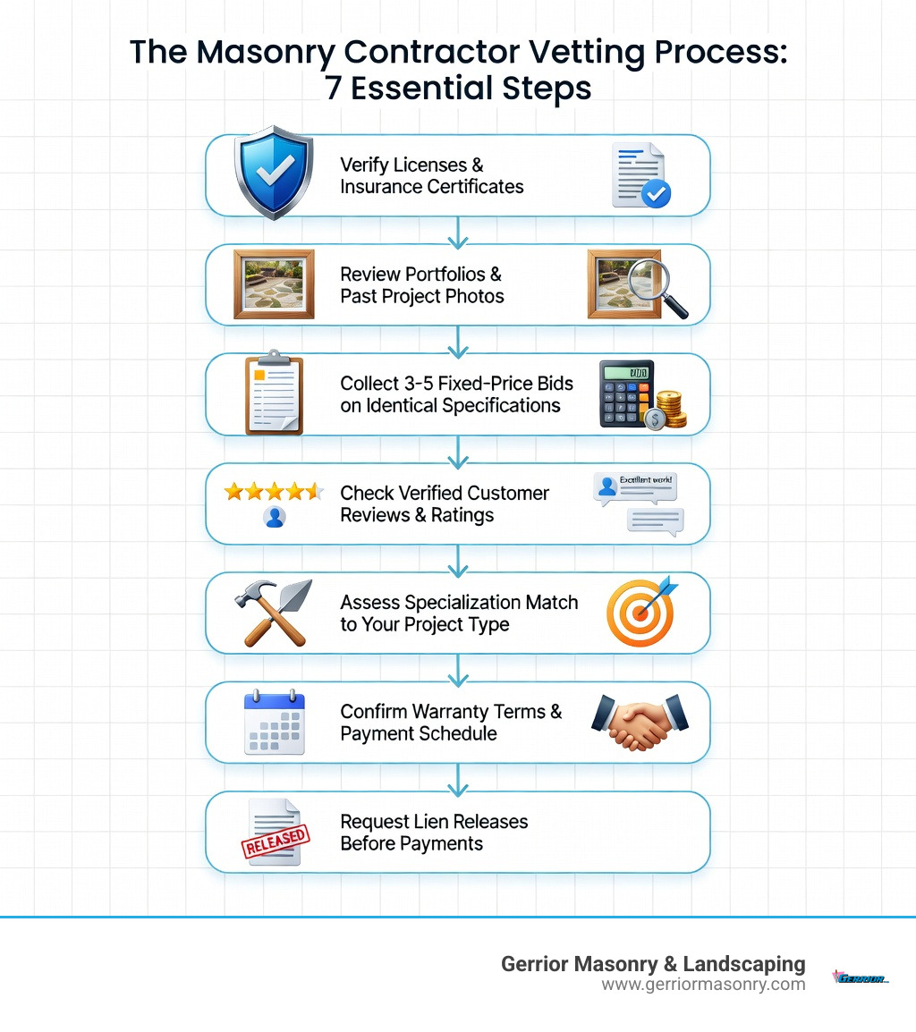 Infographic showing the masonry contractor vetting process: Step 1 - Verify licenses and insurance certificates, Step 2 - Review portfolios and past project photos, Step 3 - Collect 3-5 fixed-price bids on identical specifications, Step 4 - Check verified customer reviews and ratings, Step 5 - Assess specialization match to your project type, Step 6 - Confirm warranty terms and payment schedule, Step 7 - Request lien releases before payments - find masonry contractor infographic 