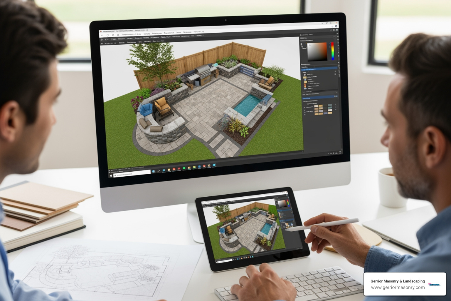 Professional landscape architecture software interface showing a complex 3D model of a multi-level patio with stone walls and integrated planting areas - 3d hardscape design software