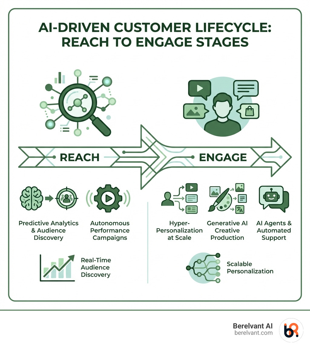 AI-driven customer lifecycle from reach to engage stages - artificial intelligence in digital marketing examples infographic 