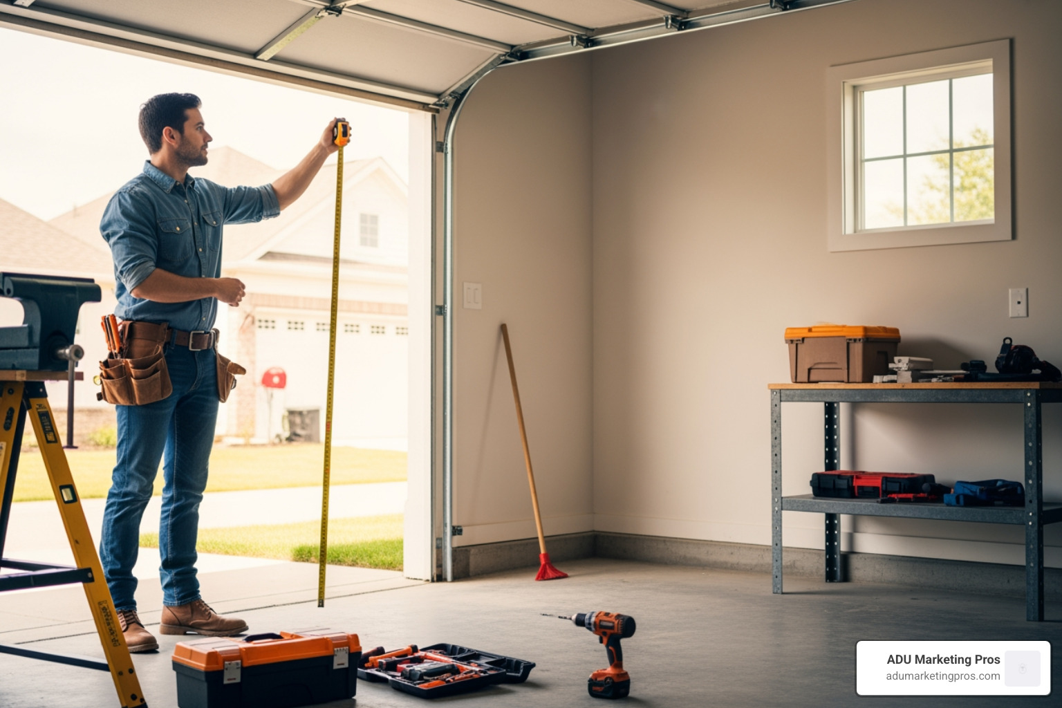 contractor measuring garage interior - convert garage to office cost