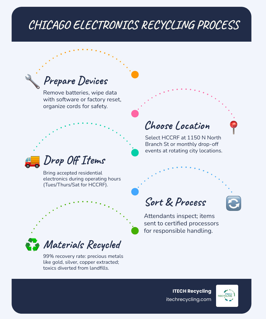 Infographic showing the Chicago electronics recycling process: 1. Prepare devices by removing batteries and wiping data, 2. Choose between HCCRF permanent facility at 1150 N North Branch St or monthly drop-off events at rotating locations, 3. Drop off accepted items during operating hours (residential only), 4. Items are sorted and sent to certified processors, 5. Materials are recycled with 99% recovery rate including precious metals like gold silver and copper, 6. Receive peace of mind knowing hazardous materials are kept out of landfills - Where to recycle electronics Chicago infographic infographic-line-5-steps-blues-accent_colors