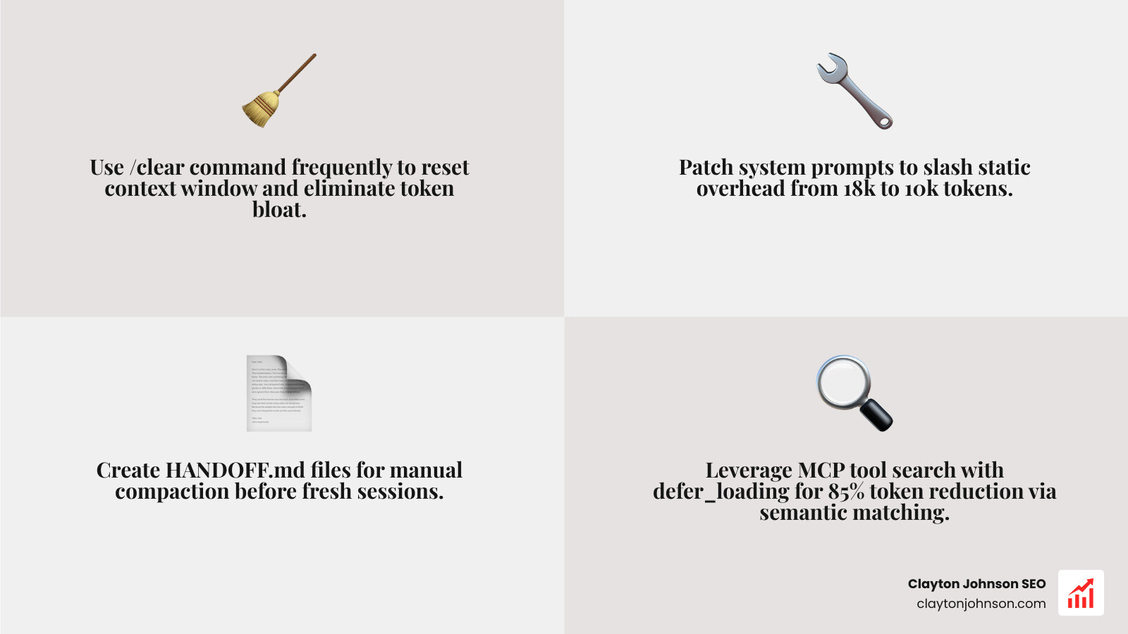 Infographic comparing standard tool usage vs. MCP-optimized tool search, showing an 85% reduction in token overhead - Advanced Claude coding tips infographic 4_facts_emoji_grey