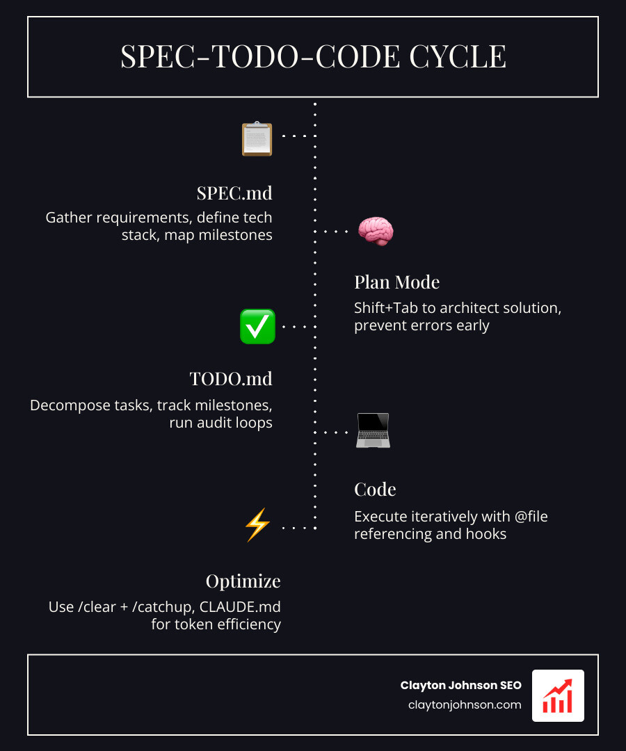 Infographic showing the Spec-Todo-Code cycle with Plan Mode at the center, branching to file management, context optimization, and hook automation - Advanced Claude coding tips infographic infographic-line-5-steps-dark