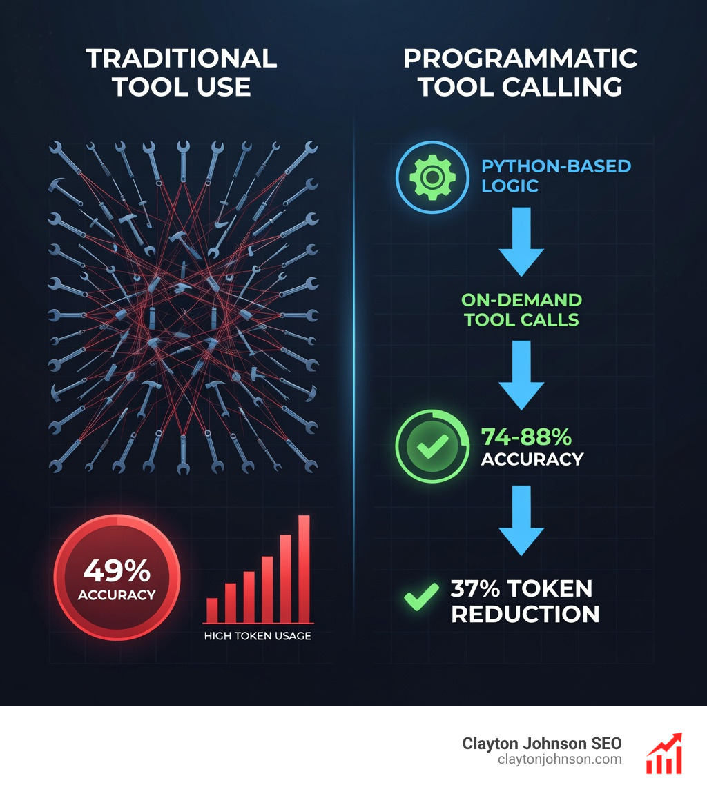 Infographic comparing traditional tool use with 50+ tools (high token cost) vs Programmatic Tool Calling (37% token reduction and higher accuracy) - How Claude writes functions infographic 