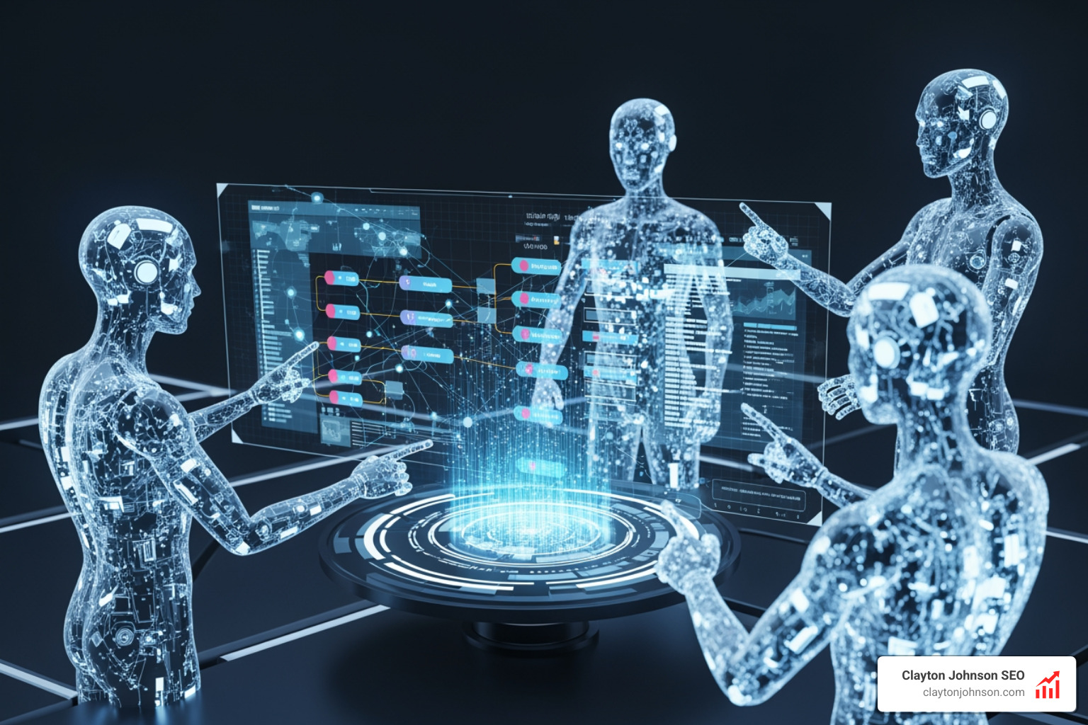Autonomous AI agents collaborating on a digital interface representing a complex software architecture - ai code generator