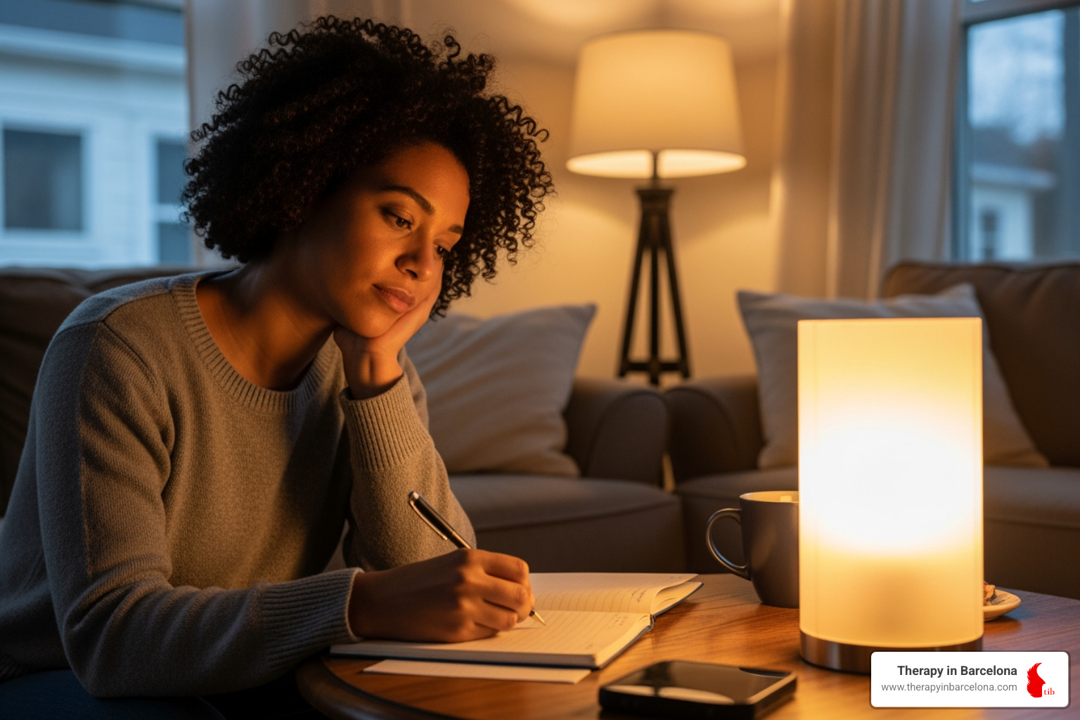 diverse person journaling by a warm lamp in a comfortable living room - what do i do if im lonely