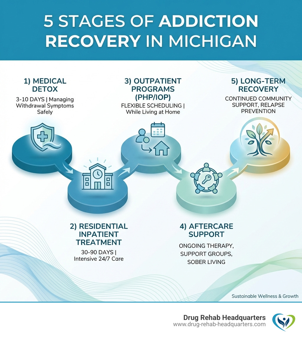 Infographic showing the 5 stages of addiction recovery in Michigan: 1) Medical Detox (3-10 days, managing withdrawal symptoms safely), 2) Residential Inpatient Treatment (30-90 days, intensive 24/7 care), 3) Outpatient Programs (PHP/IOP, flexible scheduling while living at home), 4) Aftercare Support (ongoing therapy, support groups, sober living), 5) Long-term Recovery (continued community support, relapse prevention) - Drug Rehab Centers in Michigan infographic Infographic showing the 5 stages of addiction recovery in Michigan: 1) Medical Detox (3-10 days, managing withdrawal symptoms safely), 2) Residential Inpatient Treatment (30-90 days, intensive 24/7 care), 3) Outpatient Programs (PHP/IOP, flexible scheduling while living at home), 4) Aftercare Support (ongoing therapy, support groups, sober living), 5) Long-term Recovery (continued community support, relapse prevention) - Drug Rehab Centers in Michigan infographic