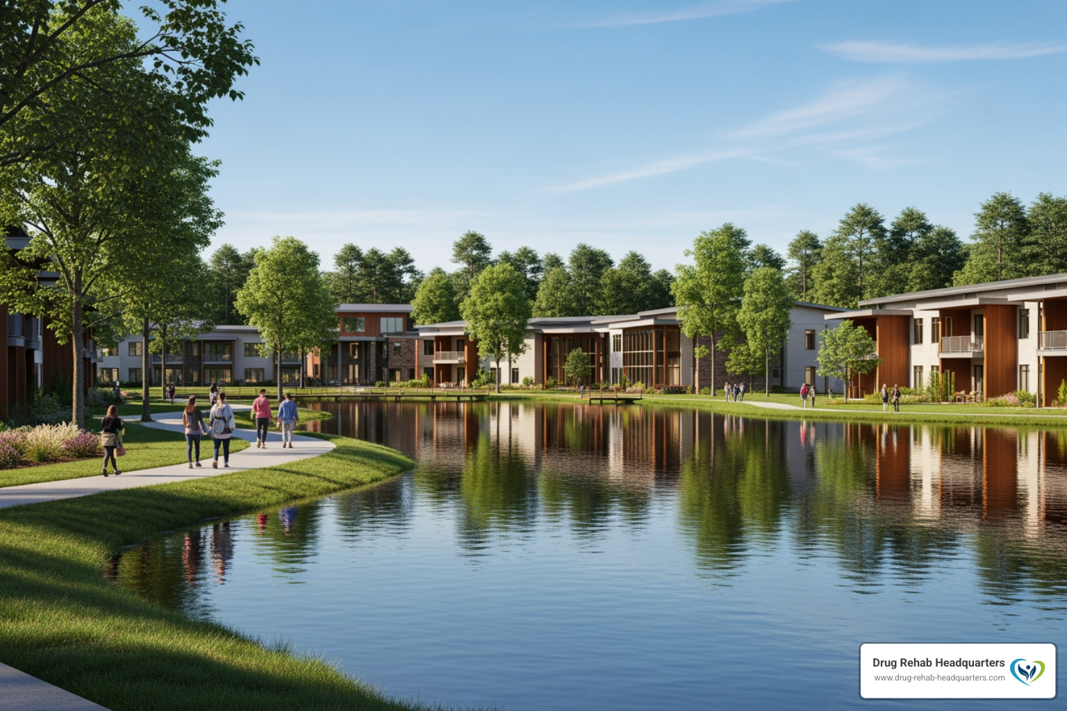 A modern residential alcohol treatment center in Mississippi featuring a serene lake and walking paths for patient reflection and recovery - Mississippi Addiction Treatment