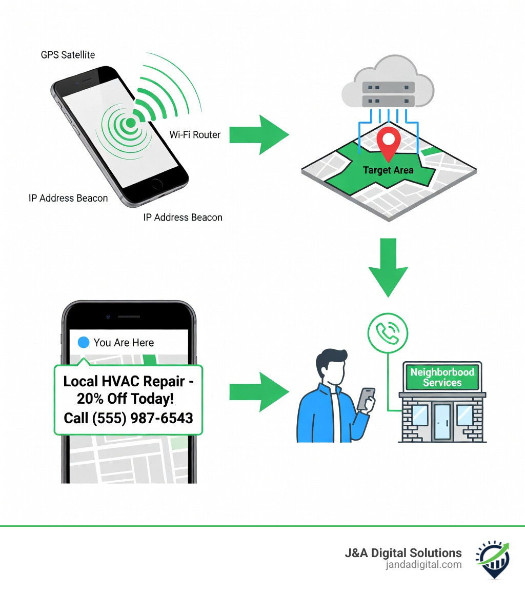 Infographic showing how geo-targeted marketing works: User device sends location signal through GPS, Wi-Fi, or IP address to ad platform; Platform matches user location to advertiser's target area; Personalized local ad is delivered to user's device in real-time; User clicks ad and contacts local business within their service radius - geo-targeted marketing infographic 