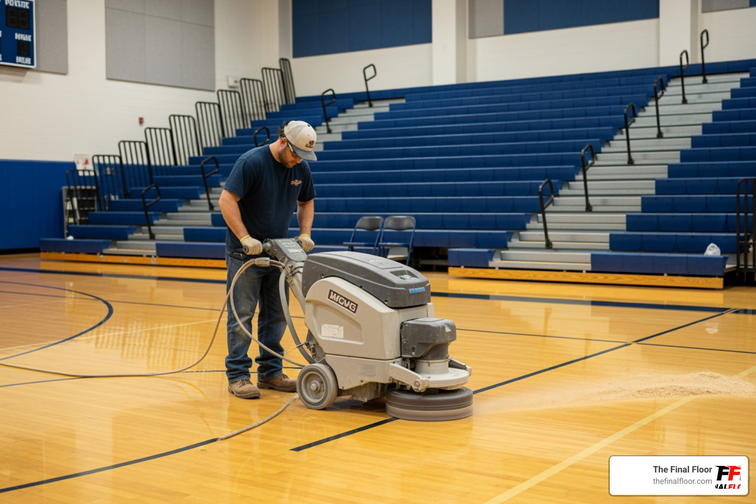 Technician sanding a hardwood floor - Gym floor specialists