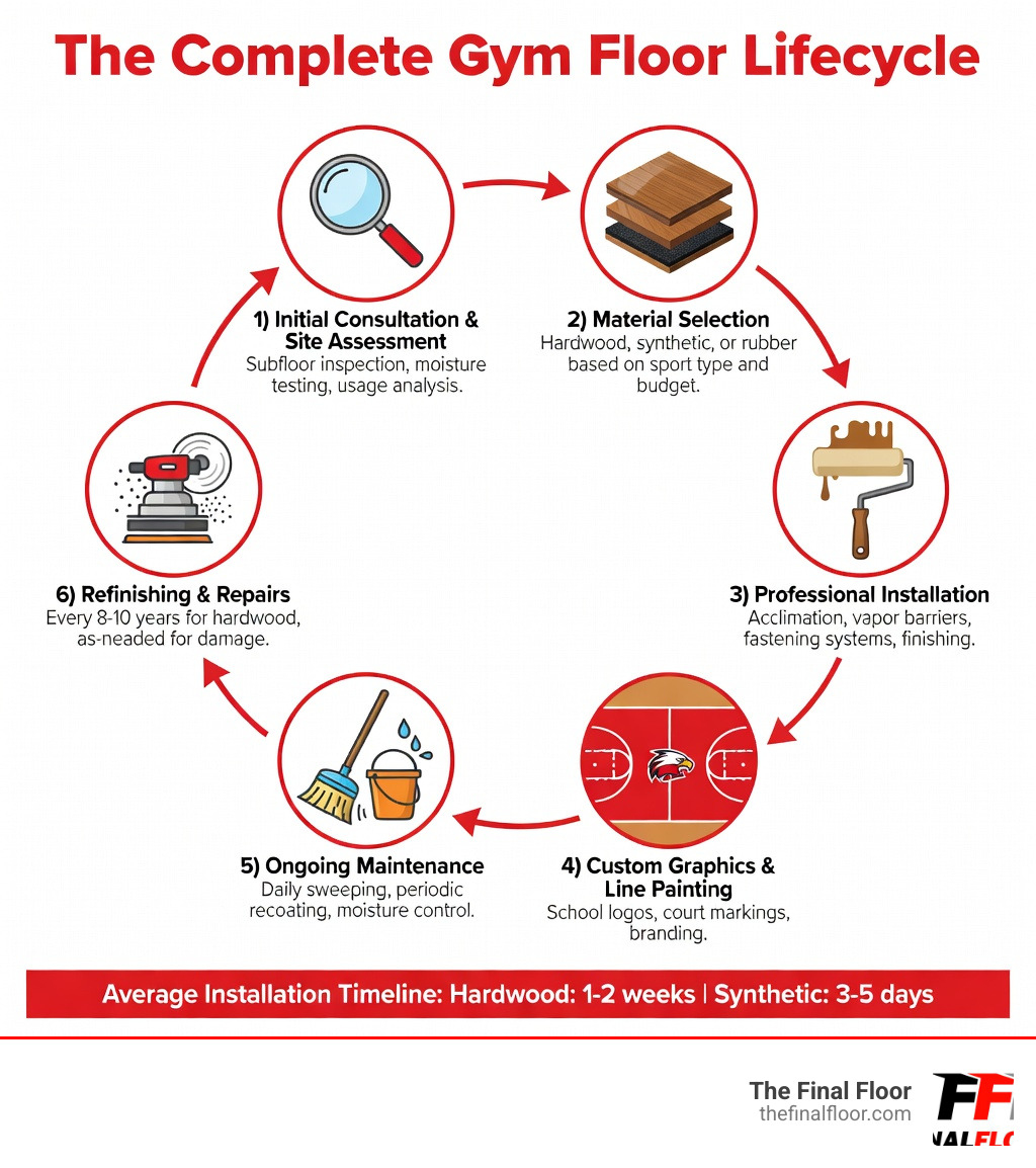 Infographic showing the complete gym floor lifecycle: 1) Initial Consultation & Site Assessment (subfloor inspection, moisture testing, usage analysis), 2) Material Selection (hardwood, synthetic, or rubber based on sport type and budget), 3) Professional Installation (acclimation, vapor barriers, fastening systems, finishing), 4) Custom Graphics & Line Painting (school logos, court markings, branding), 5) Ongoing Maintenance (daily sweeping, periodic recoating, moisture control), 6) Refinishing & Repairs (every 8-10 years for hardwood, as-needed for damage), with average timelines of 1-2 weeks for hardwood installation and 3-5 days for synthetic systems - Gym floor specialists infographic 