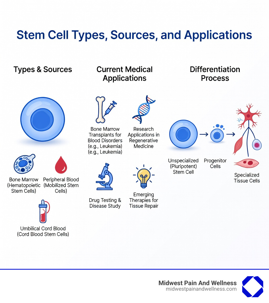 Infographic showing stem cell types, sources, and current medical applications including bone marrow transplants for blood disorders, research applications for regenerative medicine, and the process of stem cell differentiation from unspecialized cells to specialized tissue cells - What is stem cell for? infographic Infographic showing stem cell types, sources, and current medical applications including bone marrow transplants for blood disorders, research applications for regenerative medicine, and the process of stem cell differentiation from unspecialized cells to specialized tissue cells - What is stem cell for? infographic