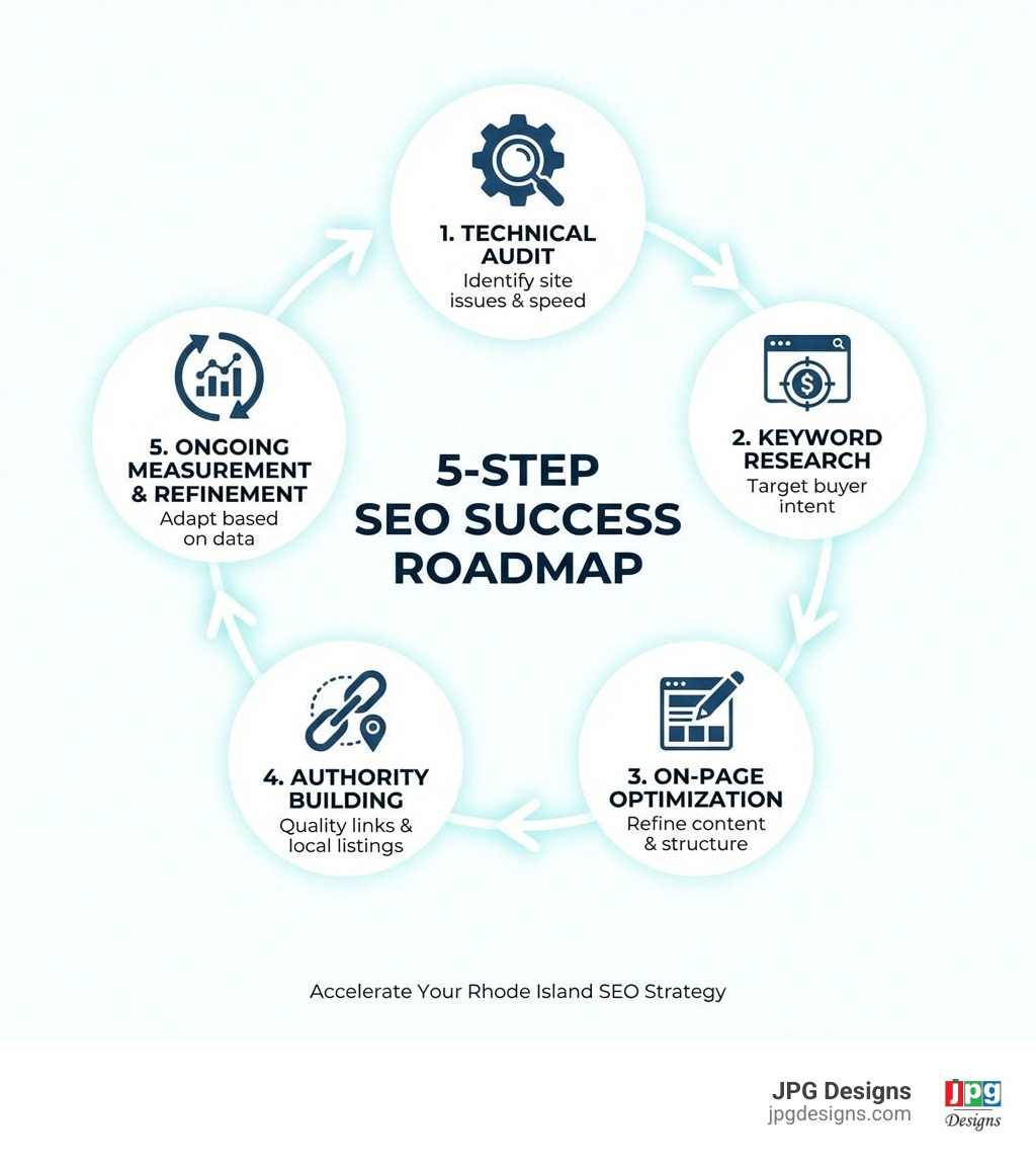 Infographic showing the 5-step SEO success roadmap: 1. Technical audit to identify site issues, 2. Keyword research targeting buyer intent, 3. On-page optimization of content and structure, 4. Authority building through quality links and local listings, 5. Ongoing measurement and refinement based on performance data - Rhode Island SEO company infographic 