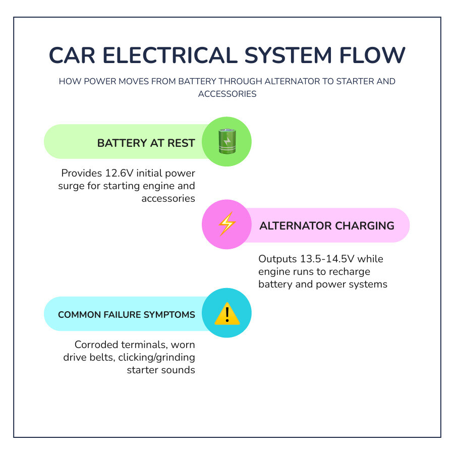 infographic showing the flow of electricity from battery through alternator to starter motor and vehicle accessories, with voltage readings at each point: battery at rest 12.6V, alternator charging 13.5-14.5V, and common failure symptoms listed for each component including corroded terminals, worn belts, and clicking sounds - electrical problem car infographic infographic-line-3-steps-colors
